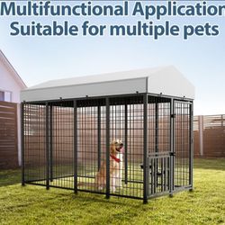 Brand new in box All weather heavy duty reinforced iron dog kennel 8'x6x4 dog cage w/ roof tarp, swivel feed door & bowls corral de mascota nuevo