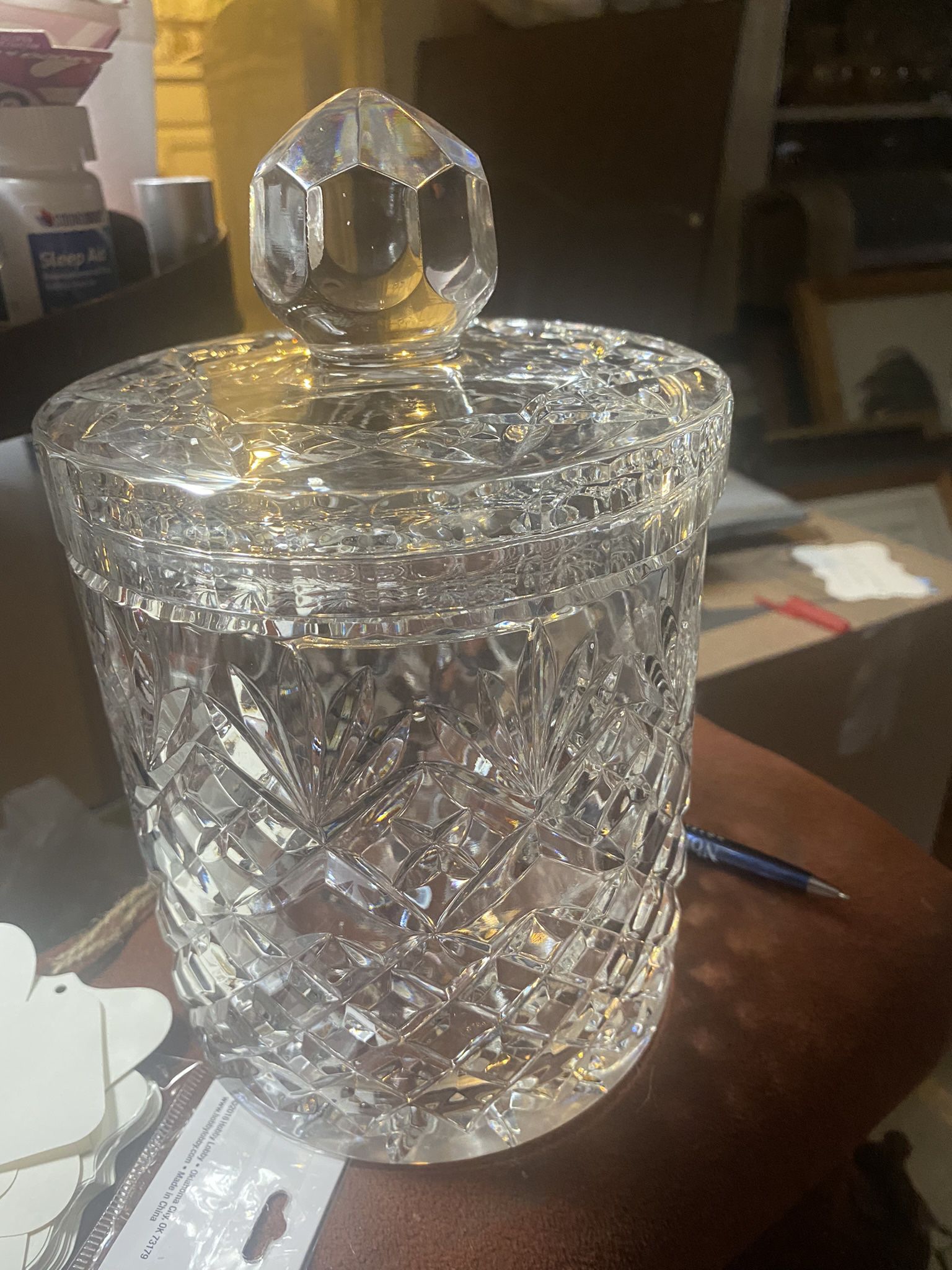 VERY HEAVY CRYSTAL Vtg Lead Crystal Starburst Cut Glass Bisquit Jar Lidded Etched Floral Design