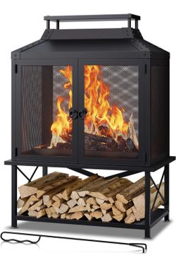 Metal Outdoor Fireplace for Patio - 39" H Square Chiminea Fire Pits Outside Wood Burning with Grill, Mesh Spark Screen & Fire Poker, for Garden, Backy