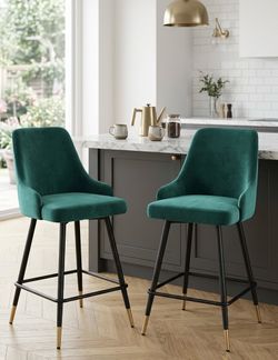 Green Velvet Accent Bar Stools Set of 2 with Backrest & Footrest – Modern Kitchen Island Chairs