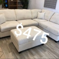 Gorgeous 3-Piece Corduroy Sectional Sofa With Storage Ottoman Plus USB Port 