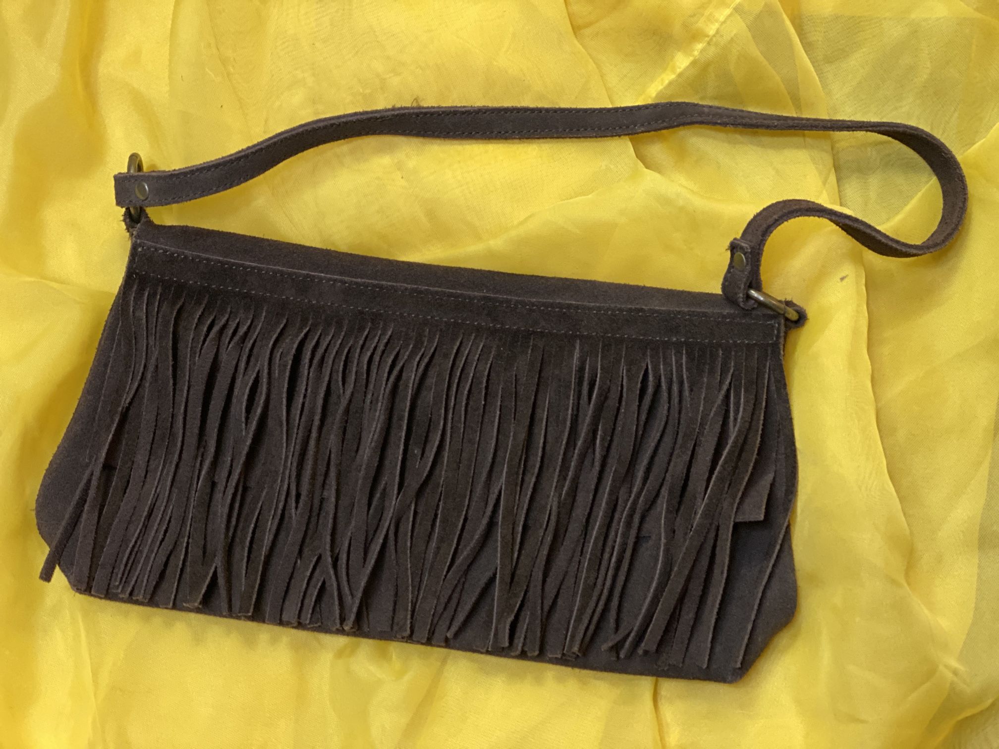 Dark Brown Faux Suede Fringed Shoulder Bag
