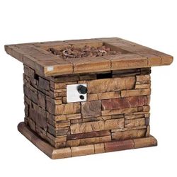 COSIEST Outdoor Square Propane Fire Pit Table w Faux Brown Ledgestone - 32" W x 32" D x 25" H - LavaRocks