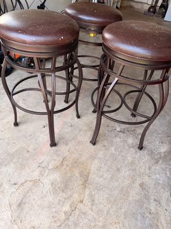 (3) Wrought Iron & Leather Swivel Barstools