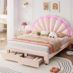 智能LED Queen size床架，带抽屉 天鹅绒床架 粉色，           HFT-UP-108

Queen Upholstered Smart LED Bed Frame with 2 Storage Drawers & Adjustable Chic Double Petal Hea