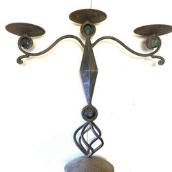 Vintage Wrought Iron Candle Holder Three Pillars With Green Glass Accents 18 Inches Tall