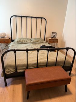 Queen size bed frame and fiber glass free memory foam mattress