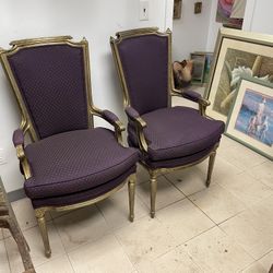 Set of Two Wood frame Purple Fabric Arm Chairs