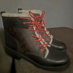 Coach Lorraine Booties Signature Canvas Shearling Lined Boots Red Laces