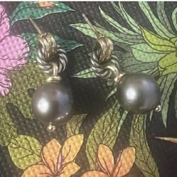 David Yurman 18K & SS Tahatian Pearls Dangling Earrings Authentic
