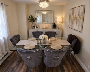 Glam Dining Set – Glass Table + 6 Grey Velvet Chairs, Chrome Legs
