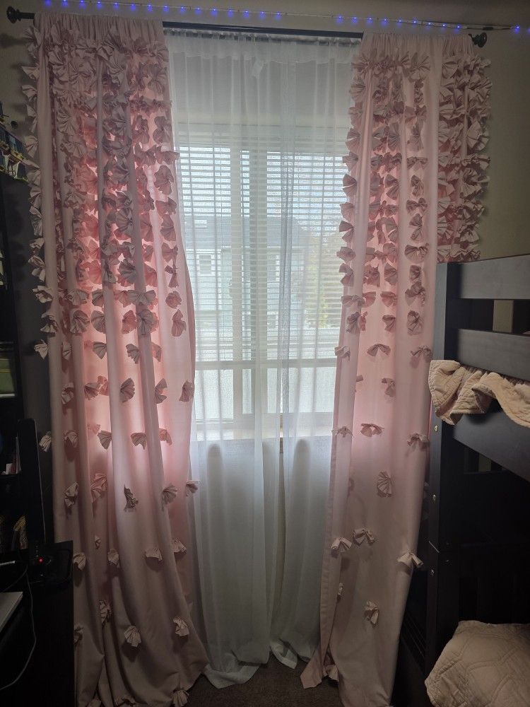 2 Curtain Sets + Rod – $40 (Pink & White, Excellent Condition)