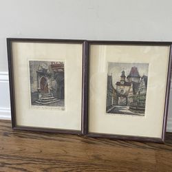 2 VTG Prof. Probst "Rothenburg" Original Hand Colored Etching Print w/COA, Signed.  