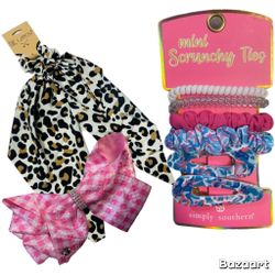 New 3 scrunchies Scarf 2 hair ties 2 clips 1 Jojo Bow Pink  Simply Southern Twig