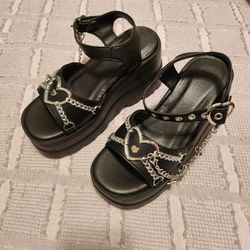 Bat Heart Chain Gothic Chunky Platform Leather Dress Shoes Size 38