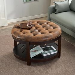 Round Coffee Tables for Living Room,33’’ Storage Ottoman with Wooden Tray, Upholstered Ottoman Footrest, Light Brown  HEALTHY WOODEN TRAY: Purchase th