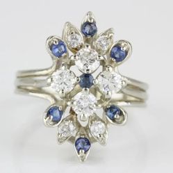Vintage 14k White Gold Diamond And Sapphire Anniversary / Cocktail Ring 
