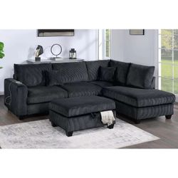 Black Corduroy Sectional Sofa With Ottoman  - Limited Time Offer 