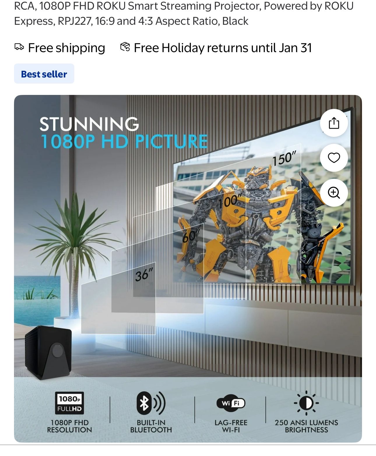 RCA, 1080P FHD ROKU Smart Streaming Projector, Powered by ROKU Express, RPJ227, 16:9 and 4:3 Aspect