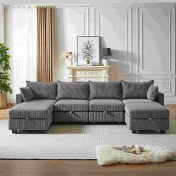 113.5'' Modular Sectiona Corduroy Sofa, Sectional Couches for Living Room U Shaped Sectional Couch with Storage Ottoman, 6 Seats Convertible Sectional