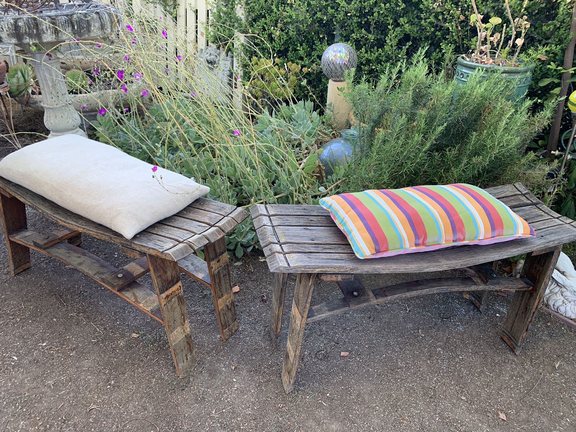 2 Rustic barrel benches for garden