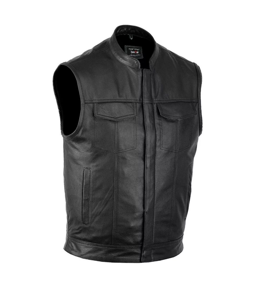 Men's Motorcycle Club Leather Vest Concealed Carry Arms Solid Back Made In USA