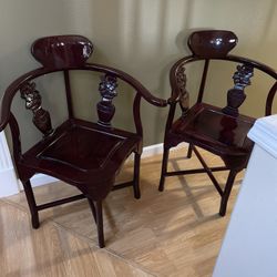 Set of Two Chinese Oriental Hand Carved Rosewood Corner Chairs 