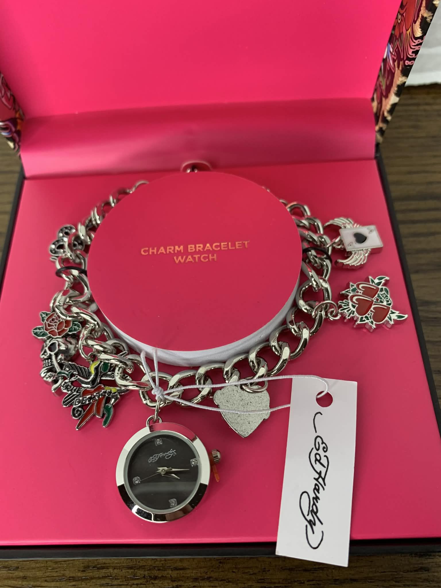New Ed Hardy Silver Charm Bracelet Watch in Tattoo Print Box