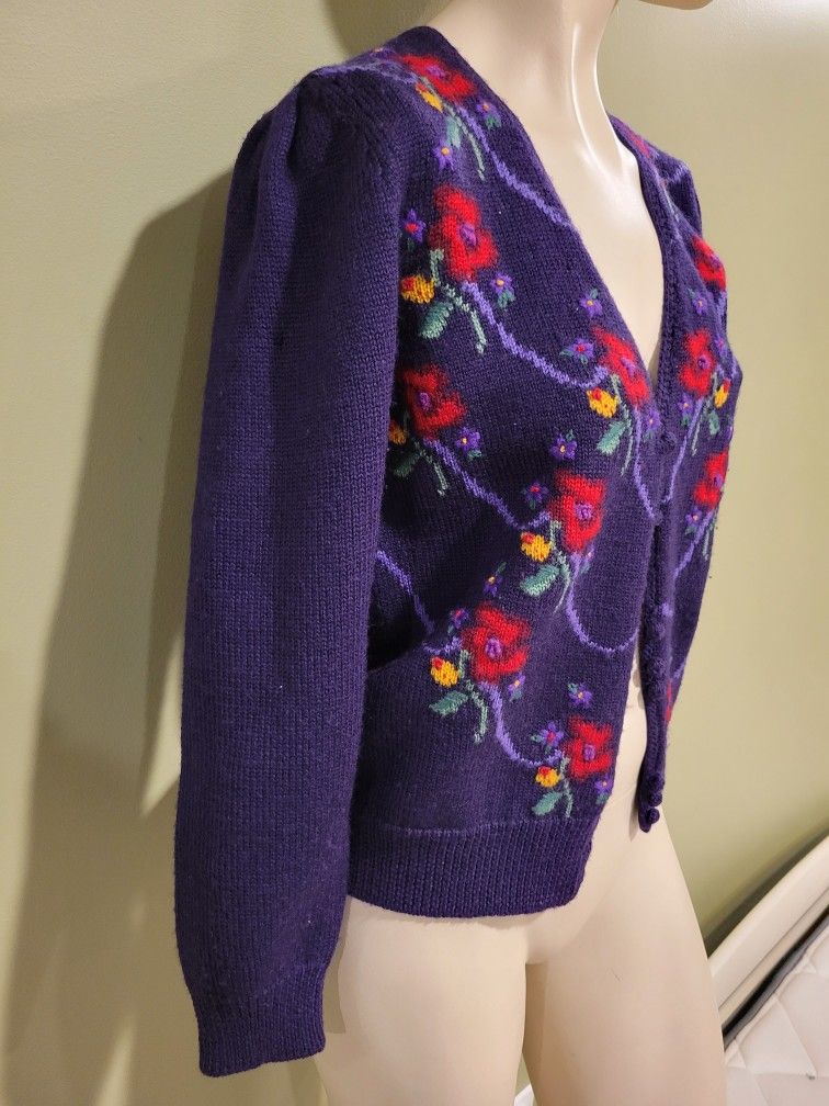 Susan Bristol BEAUTIFUL Womens Wool Sweater Cardigan Floral sz S