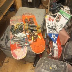 Skateboards and various skateboard parts more base plates included and not in the photo at least trucks independent venture all different sizes