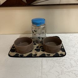 New Ceramic Dog Food / Water Bowls Whit Mat And Plastic Snack Canister 