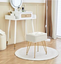 Vanity Stool Chair , Square fuax Makeup Vanity Chair with Metal Legs & Adjustable Gold Feet, Ottoman Foot Rest with Soft Padded Seat for Bedroom , Liv