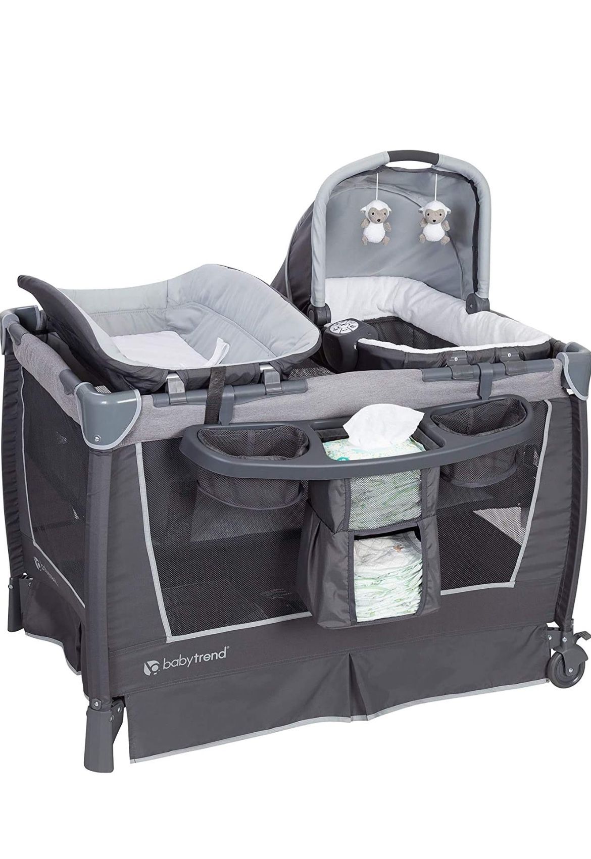 Baby Trend Nursery Center Travel Crib with Removable Rock-A-Bye Bassinet, Changing Table, Organizer