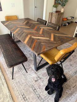 Solid Wood Herringbone Dining Set (Table + 4 Chairs + Bench)