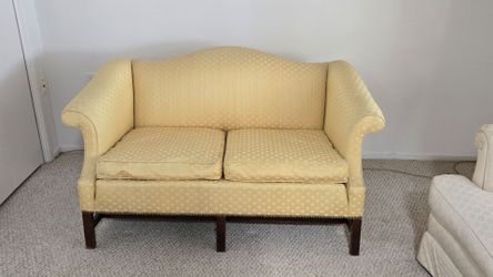 Loveseat, camel back, yellow