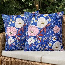 Blue Waterproof Outdoor Pillow Covers 18x18 Set of 2 Colorful Floral Decorative