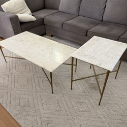 West Elm Marble Coffee Table + Side Table Set – White Marble / Brass Base