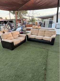 Two-Tone Tan Microfiber and Brown Faux Leather Sofa and Loveseat Set