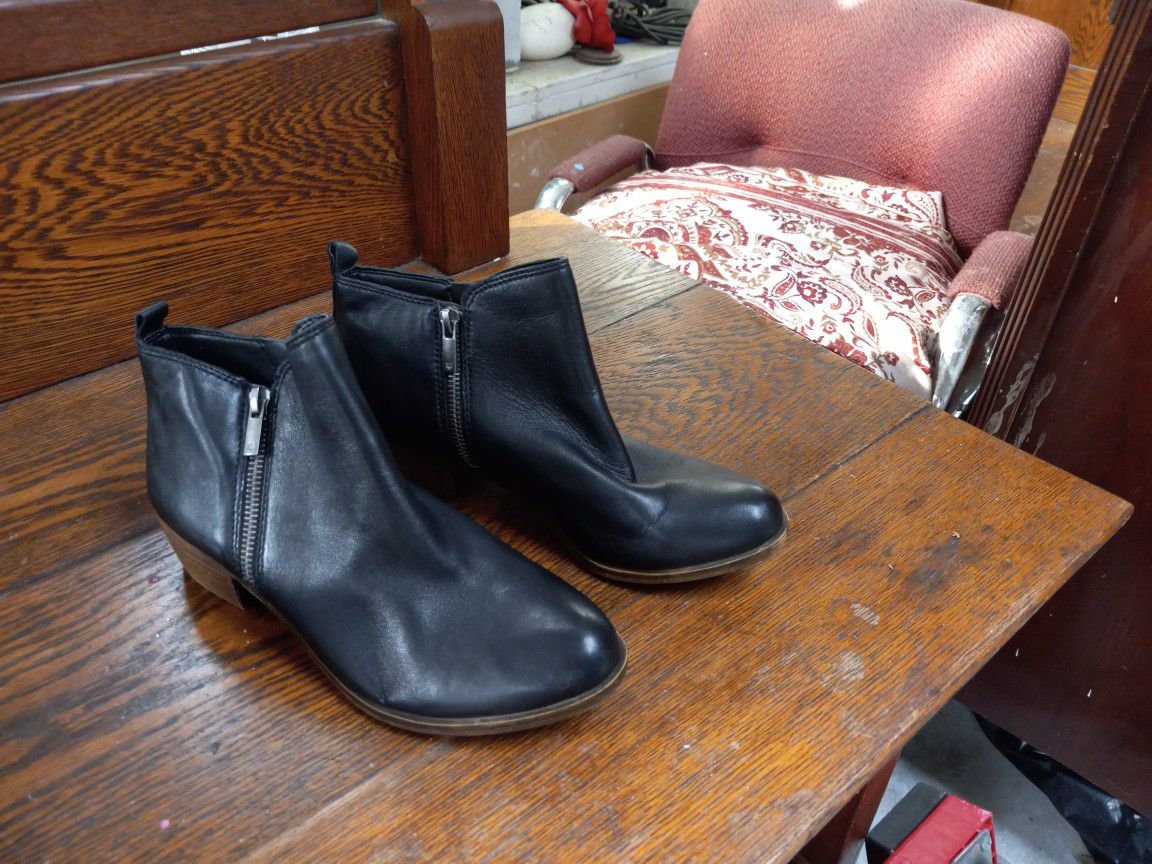 2 Pairs 1. Black Mocassin-type  Suede 2. Black-ish Bootie With 1 Inch Heel, Zi pper, Soft Leather
