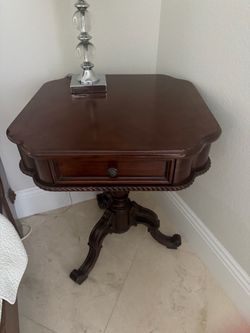 Dark Cherry Wood Pedestal Side Table with Drawer