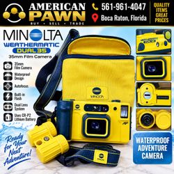 Minolta Weathermatic Dual 35 Waterproof 35mm Film Camera Yellow w/ Case Strap