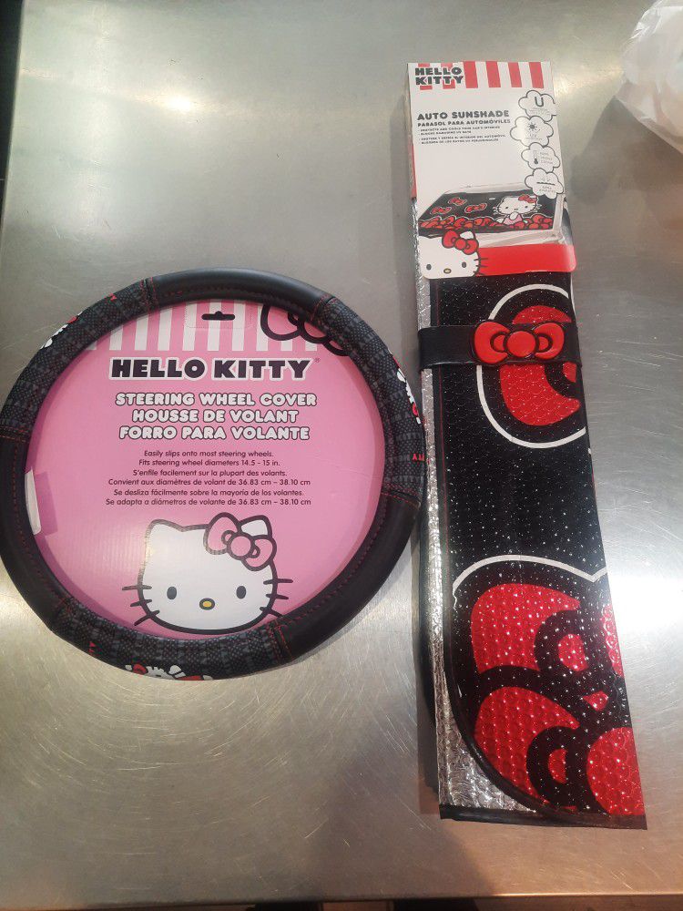 Hello Kitty Car Accessory Bundle - Matching Steering Wheel Cover & Windshield Sunshade