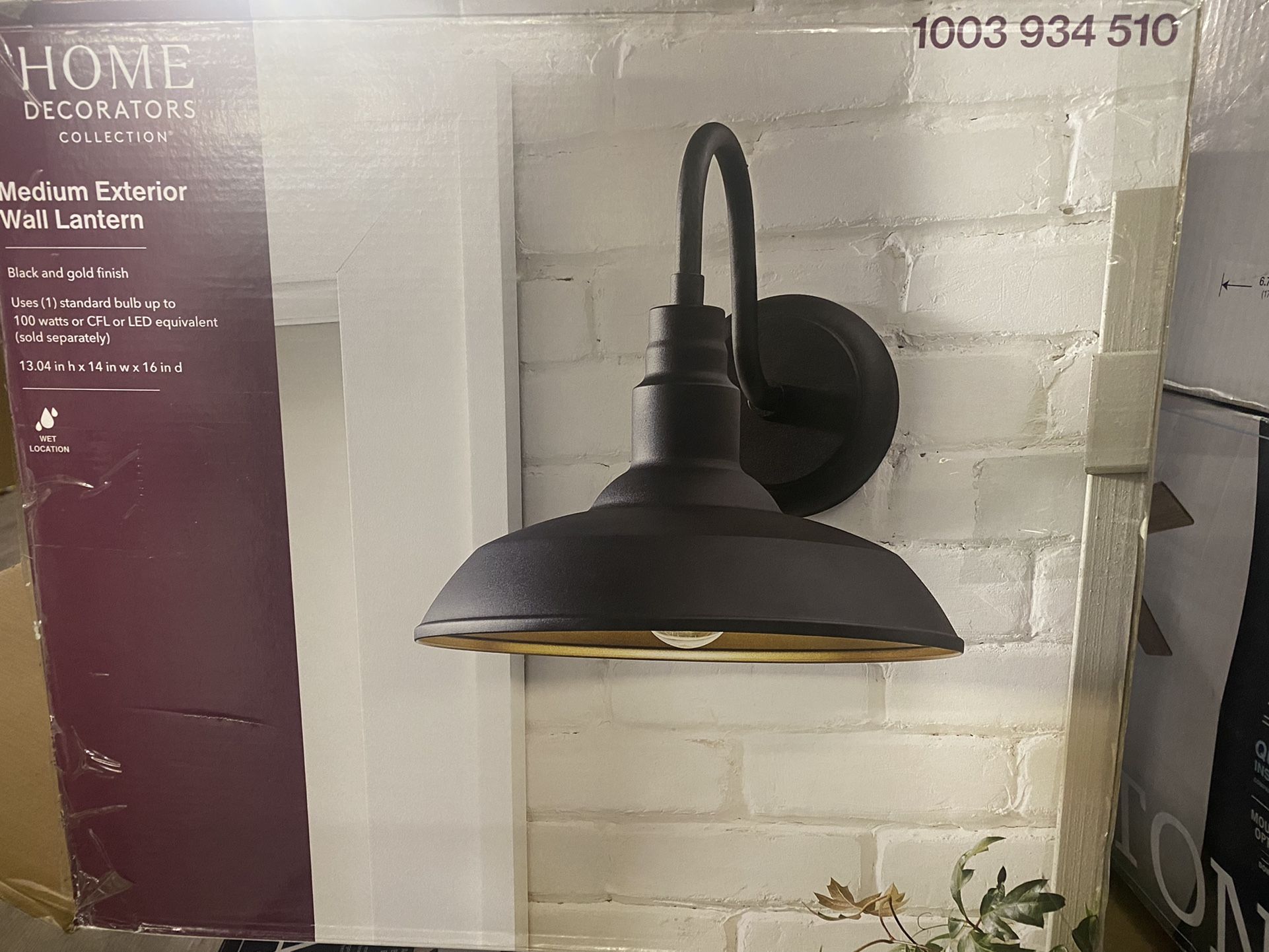 Home Decorators Collection 1-Light Black Outdoor Wall Lantern Sconce Light with Gold Inside Shade