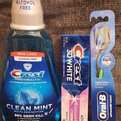Oral Care Bundle: 1L Mouthwash, Crest 3D White Toothpaste & Oral-B Toothbrush, Soft