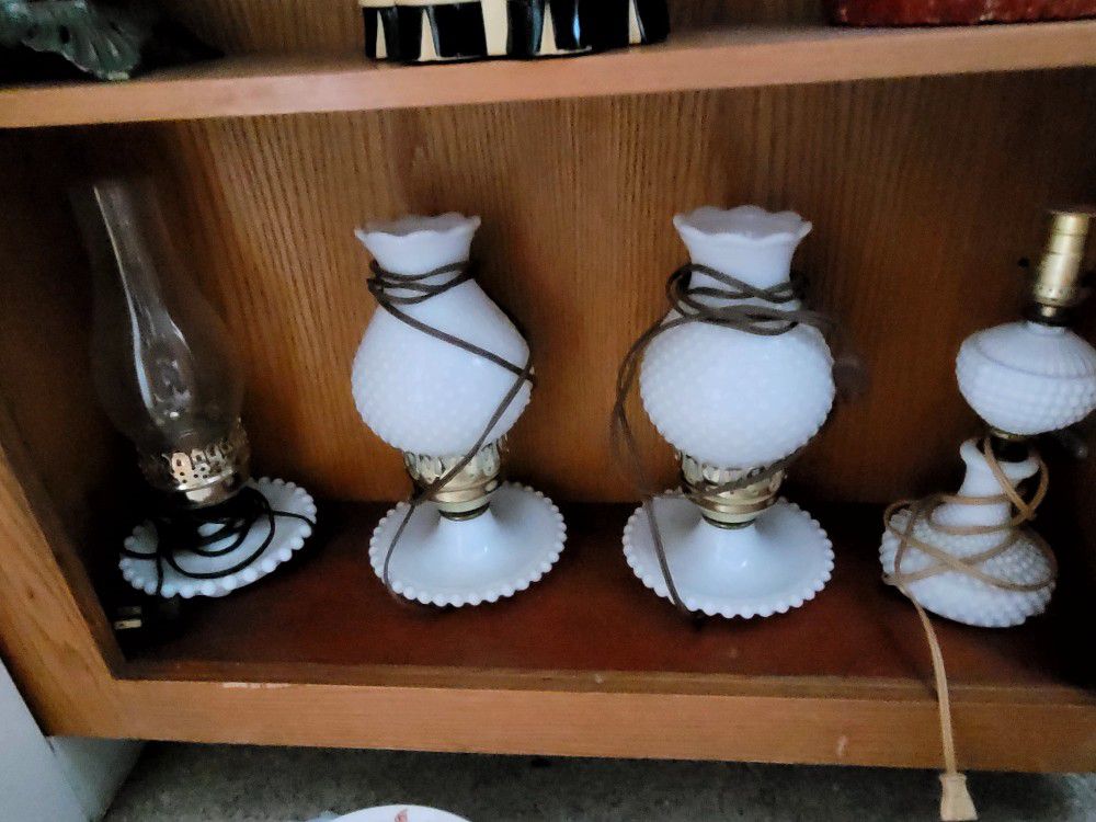 3-Milk Glass Lamps and 1 Kerosene Milk Glass Lamp