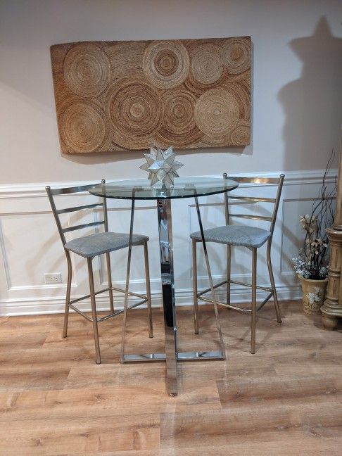 Gorgeous Modern Chrome & Tempered Glass Bar Table Set