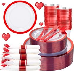 Liacere 350PCS Clear and Red Plastic New Year Plates and Napkins for 50Guests Plastic Dinnerware Set:100 Red Disposable Plates 50 Pre Rolled Napkins w