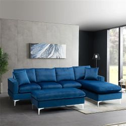 Home Square 2-Piece Set Sectional Sofa with Velvet Reversible Sectional and Ottoman in Navy