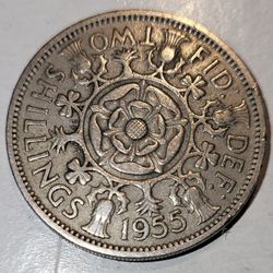Rare 1955 United Kingdom 2 Shillings (Florin) Coin 