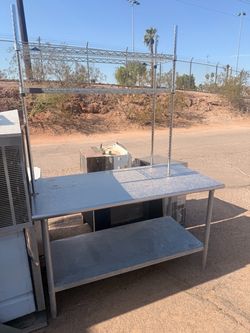 Commercial Stainless Steel Kitchen Work Table w/ Overhead Shelving & Lower Shelf – $300